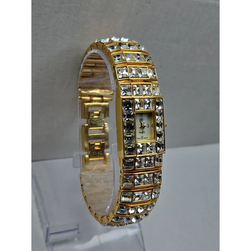 Vintage Suzanne Somers Gold Tone Rhinestone Bracelet Tank MOP Watch New Battery
